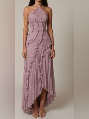 Sleeveless Lilac Pleated Maxi Dress with Ruffle Detail